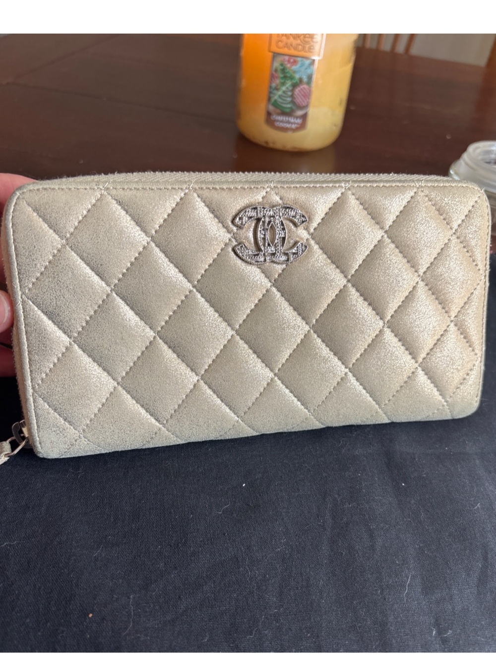 CHANEL Metallic Champagne Iridescent Quilted Zip-Around Wallet w serial sticker
